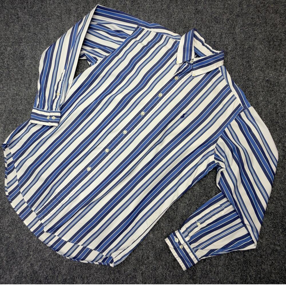 Vintage Polo Ralph Lauren Shirt Mens M Blue Stripe Made In Hong Kong Cotton